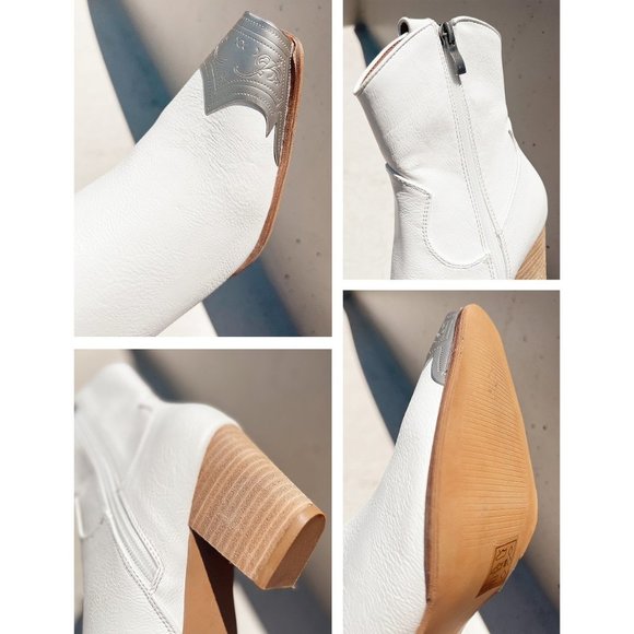 NEW White PU Leather Metal Cap Toe Block Heel Cowgirl Cowboy Western Ankle Boots - Picture 13 of 16